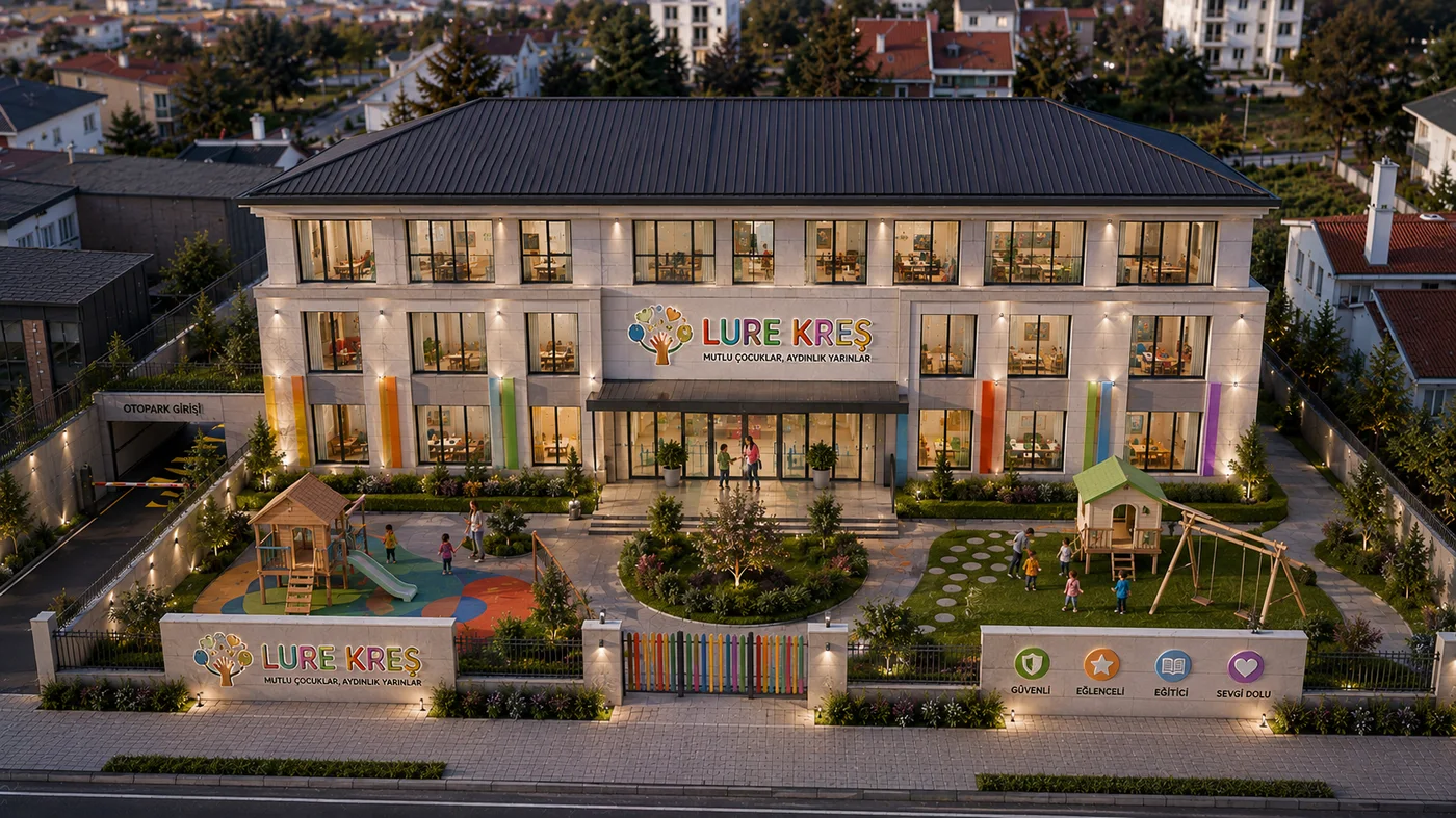 Binanın kreş ve anaokulu senaryosu görselleştirmesi — bahçede oyun evleri, kaydırak, salıncak ve renkli cephe vurguları eklenmiş temsilî AI render