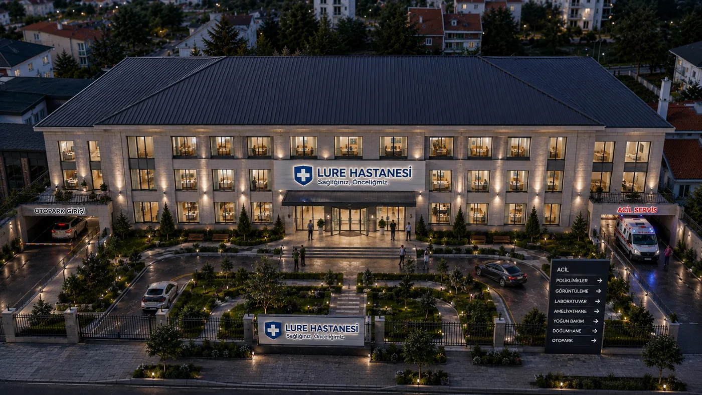 Binanın hastane senaryosu görselleştirmesi — acil servis, ambulans girişi ve yönlendirme tabelaları eklenmiş temsilî AI render