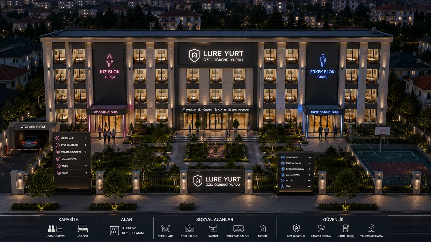 Binanın öğrenci yurdu senaryosu görselleştirmesi — iki bağımsız giriş, kız/erkek blok ayrımı ve ortak sosyal donatı eklenmiş temsilî AI render